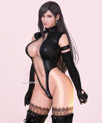 Rule 34 | 1girl, 3d, alternate costume, artist name, bare shoulders, black footwear, black gloves, black hair, black leotard, boots, breasts, center opening, closed mouth, clothing cutout, cowboy shot, earrings, elbow gloves, final fantasy, final fantasy vii, final fantasy vii remake, front zipper, gloves, heart cutout, highleg, highleg leotard, highres, inner sideboob, jewelry, large breasts, leotard, lips, long hair, low-tied long hair, midriff, navel, pink background, raidenwgt, red eyes, single earring, single sidelock, smile, solo, square enix, swept bangs, teardrop earring, thigh boots, thighhighs, tifa lockhart, very long hair, zipper, zipper leotard