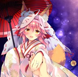 Rule 34 | 1girl, animal ears, bell, bridal veil, commentary request, fangs, fate/extra, fate/grand order, fate (series), fingernails, fox ears, fox girl, fox mask, fox tail, hair between eyes, holding, holding hands, holding umbrella, japanese clothes, jewelry, jingle bell, kimono, looking at viewer, mask, oil-paper umbrella, open mouth, ornate ring, pink hair, pov, pov hands, ring, sasorigatame, sidelocks, smile, solo focus, tail, tamamo (fate), tamamo no mae (fate/extra), tamamo no mae (fox&#039;s night dream) (fate), uchikake, umbrella, upper body, veil, wedding ring, yellow eyes