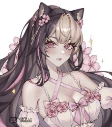Rule 34 | 1girl, animal ears, bare shoulders, black hair, bow, cat ears, character request, commentary, commission, copyright request, detached sleeves, flower, halterneck, highres, long hair, multicolored hair, pink bow, pink eyes, pink flower, pink hair, puffy short sleeves, puffy sleeves, short sleeves, solo, streaked hair, upper body, very long hair, yara (yara mochi)