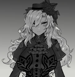 Rule 34 | 1girl, ascot, breasts, capelet, dress, fate/grand order, fate (series), flower, greyscale, hat, kriemhild (fate), kriemhild (first ascension) (fate), large breasts, long hair, long sleeves, looking at viewer, melon22, mole, mole under eye, monochrome, rose, solo, veil