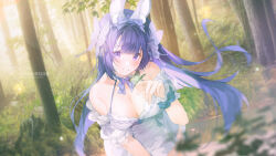 Rule 34 | 1girl, absurdres, animal ear fluff, animal ears, bare shoulders, blunt bangs, blush, breasts, bug, butterfly, butterfly hair ornament, butterfly on hand, cleavage, commission, day, detached sleeves, dress, forest, hair ornament, hair ribbon, hand up, highres, insect, large breasts, long hair, looking at viewer, nature, original, patch oxxo, puffy short sleeves, puffy sleeves, purple eyes, purple hair, purple ribbon, ribbon, short sleeves, smile, solo, tree, very long hair, white dress