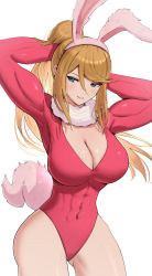 Rule 34 | 1girl, abs, animal ears, arms behind head, arms up, blonde hair, breasts, cleavage, gonzarez, green eyes, highres, large breasts, leotard, metroid, muscular, muscular female, nintendo, pink leotard, pyonchi, rabbit ears, samus aran, skin tight, skindentation, smile, solo, squirrel girl, squirrel tail, tail