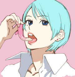 Rule 34 | 1girl, bad id, bad pixiv id, blue eyes, blue hair, condom, earrings, face, jewelry, kaburagi yuki, lips, matching hair/eyes, nail polish, open mouth, original, short hair, solo, tongue, used condom