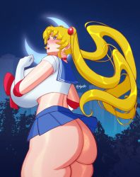 Rule 34 | 1girl, artist name, ass, ass focus, bishoujo senshi sailor moon, blonde hair, blue eyes, blue sailor collar, blush, bow, breasts, choker, crescent, crescent earrings, crescent moon, crop top, curvy, diadem, double bun, earrings, eyelashes, female focus, gloves, hair bun, hair ornament, highres, huge ass, huge breasts, jewelry, joylewds, long hair, long twintails, looking up, miniskirt, moon, night, night sky, no panties, open mouth, outdoors, plant, red bow, red choker, sailor collar, sailor moon, sailor senshi, sailor senshi uniform, shiny skin, sideboob, signature, skirt, sky, solo, standing, star (sky), teeth, thick thighs, thighs, tree, tsukino usagi, twintails, upper body, very long hair, white gloves, wide hips
