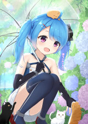Rule 34 | 1girl, :d, absurdres, animal print, azur lane, bare shoulders, black gloves, blue hair, blush, boots, buttons, cat, cat hair ornament, cat print, day, double-breasted, dress, elbow gloves, fingerless gloves, full body, gloves, hair ornament, hair over one eye, hairclip, hand up, happy, headgear, highres, holding, holding umbrella, knees to chest, knees together feet apart, legs, lena (azur lane), long hair, open mouth, outdoors, paashe, panties, pantyshot, patting, purple eyes, rabbit hair ornament, rabbit print, sleeveless, sleeveless dress, smile, solo, squatting, thigh boots, thighs, translation request, twintails, umbrella, underwear, upskirt, white panties