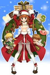 Rule 34 | &gt; &lt;, 1boy, 2girls, :d, angel wings, blonde hair, blush, breasts, brown hair, christmas, christmas wreath, closed eyes, cross, frilled legwear, frills, gift, hat, high priest (ragnarok online), holding, holding gift, holly, legs, multiple girls, nude filter, open mouth, orange hair, ragnarok online, ribbon, santa costume, santa hat, shoes, small breasts, smile, standing, suspenders, thighhighs, third-party edit, tiv, twintails, white legwear, wings, wreath, xd