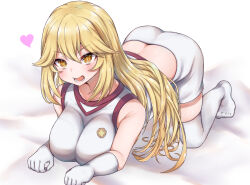 Rule 34 | 1girl, :d, all fours, ass, bed sheet, blonde hair, blush, breasts, butt crack, commentary request, elbow gloves, gloves, gym shirt, gym shorts, gym uniform, hair between eyes, heart, highres, large breasts, long hair, looking at viewer, nagyiiie, open mouth, shirt, shokuhou misaki, shorts, sleeveless, sleeveless shirt, smile, solo, sparkling eyes, thighhighs, toaru kagaku no mental out, toaru kagaku no railgun, toaru majutsu no index, white gloves, white shirt, white shorts, white thighhighs, yellow eyes