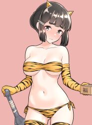 Rule 34 | 1girl, black hair, blush, breasts, brown eyes, closed mouth, club, club (weapon), collarbone, cowboy shot, elbow gloves, fake horns, furaggu (frag 0416), gloves, gluteal fold, groin, hair ornament, hairclip, highres, horns, kanabou, kantai collection, large breasts, looking at viewer, myoukou (kancolle), navel, pink background, setsubun, short hair, simple background, solo, thighhighs, weapon, yellow gloves, yellow thighhighs