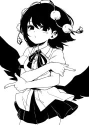 Rule 34 | 1girl, bird wings, black hair, black ribbon, black skirt, black wings, breasts, closed mouth, collared shirt, cowboy shot, dress shirt, feathered wings, greyscale, hat, maguro (mawaru sushi), monochrome, neck ribbon, pleated skirt, pointing, pom pom (clothes), puffy short sleeves, puffy sleeves, ribbon, shameimaru aya, shirt, short hair, short sleeves, skirt, small breasts, solo, tassel, tokin hat, touhou, white background, white shirt, wings