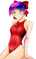 Rule 34 | 1girl, absurdres, bow, commentary request, competition swimsuit, covered navel, cowboy shot, covered erect nipples, gegege no kitarou, hair bow, highres, nanao futaba, nekomusume, nekomusume (gegege no kitarou 6), one-piece swimsuit, pointy ears, purple hair, red bow, red one-piece swimsuit, shirt, short hair, simple background, sitting, solo, swimsuit, white background, white shirt, yellow eyes