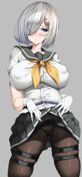 Rule 34 | 1girl, absurdres, blue eyes, blush, breasts, closed mouth, clothes lift, covered erect nipples, cowboy shot, gloves, grey hair, hair ornament, hair over one eye, hairclip, hamakaze (kancolle), highres, kantai collection, large breasts, looking away, medium hair, miniskirt, neckerchief, panties, panties under pantyhose, pantyhose, pleated skirt, school uniform, serafuku, short sleeves, simple background, skindentation, skirt, skirt lift, solo, torisan, underwear, white gloves, yellow neckerchief