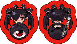 Rule 34 | 1girl, 1other, ass, backbeako (torotei), backbeard, black dress, black gloves, black hair, black ribbon, black thighhighs, blush, checkered background, chibi, closed mouth, commentary request, dress, elbow gloves, from behind, gegege no kitarou, gloves, hair over one eye, hair ribbon, hands on own knees, kono lolicon domome, long hair, looking at viewer, multiple views, original, panties, partial commentary, pointy ears, red eyes, ribbon, ringed eyes, simple background, sleeveless, sleeveless dress, smile, straight-on, thighhighs, torotei, translated, twintails, underwear, white background, white panties