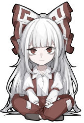 Rule 34 | 1girl, absurdres, bow, buttons, closed mouth, collarbone, collared shirt, fujiwara no mokou, full body, hair bow, highres, hisha (kan moko), long hair, long sleeves, pants, red eyes, red pants, shirt, simple background, solo, suspenders, touhou, white background, white bow, white hair, white shirt