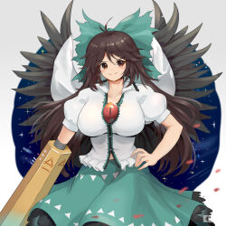 Rule 34 | 1girl, absurdres, antenna hair, arm cannon, bird wings, black hair, bow, breasts, brown eyes, closed mouth, collarbone, commentary, edz drawz, english commentary, frilled skirt, frills, green bow, green skirt, grey background, hair bow, highres, large breasts, long hair, looking at viewer, reiuji utsuho, shirt, simple background, skirt, smile, solo, starry sky print, third eye, touhou, weapon, white shirt, wings