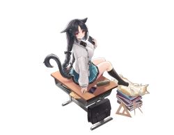 Rule 34 | 1girl, :3, alic miao, alternate costume, animal ears, azur lane, bag, black hair, book, braid, breasts, cat, cat ears, cat girl, cat tail, cellphone, desk, green skirt, highres, large breasts, long hair, long sleeves, looking at viewer, manjuu (azur lane), notebook, official alternate costume, official art, on desk, ooshio (azur lane), ooshio (let&#039;s &#039;ave lunch) (azur lane), pencil case, phone, red eyes, school bag, school desk, school uniform, shirt, sitting, on desk, skirt, smartphone, smile, square, tail, transparent background, triangle, twin braids, white shirt