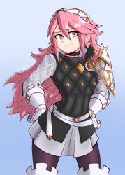 Rule 34 | 1girl, armor, closed mouth, confusedsnowman, cowboy shot, fire emblem, fire emblem fates, gambeson, gloves, hair between eyes, hairband, hands on own hips, highres, long hair, long sleeves, looking at viewer, nintendo, pink eyes, pink hair, shoulder armor, smile, soleil (fire emblem), solo, twitter username, white gloves, white hairband