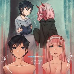 Rule 34 | 10s, 1boy, 1girl, bandages, black cloak, black hair, blue eyes, blue horns, book, cloak, coat, colored sclera, colored skin, couple, crying, crying with eyes open, darling in the franxx, fringe trim, fur trim, green eyes, grey coat, hair ornament, hairband, hetero, hiro (darling in the franxx), holding, holding book, hood, hooded cloak, horns, iro (darling in the franxx), kumashiorz, long coat, long hair, looking at another, looking at viewer, oni horns, open book, parka, pink hair, red horns, red pupils, red sclera, red skin, short hair, signature, straight hair, tears, topless male, white hairband, winter clothes, winter coat, aged down, zero two (darling in the franxx)