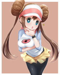 Rule 34 | 1girl, :o, black pantyhose, blue eyes, blush, breast hold, breasts, brown hair, commentary request, cowboy shot, creatures (company), double bun, game freak, hair bun, hand on own chin, highres, leaning forward, looking at viewer, low twintails, medium breasts, nintendo, open mouth, pantyhose, pokemon, pokemon bw2, pokemon masters ex, rosa (pokemon), shorts, stroking own chin, twintails, visor cap, watarui