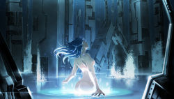 Rule 34 | 1girl, 71, ass, bad id, blue hair, breasts, broken, building, closed eyes, from behind, long hair, nude, original, science fiction, solo, splashing, wading, water, wet