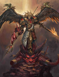 Rule 34 | 1boy, absurdres, angel wings, armor, banner, blade encarmine, blonde hair, broken horns, chaos (warhammer), cherub, commentary, demon, demon horns, english commentary, eyes of horus (warhammer 40k), fire, flaming sword, flaming weapon, glowing, glowing eyes, gold, gold armor, halo, highres, holding, holding weapon, horns, kheljay, leopard pelt, long hair, mask, multiple horns, no pupils, one-eyed, ornate, ornate armor, ornate weapon, pauldrons, pelt, power armor, primarch, red eyes, sanguinius, sharp teeth, shoulder armor, spear of telesto, sword, teeth, warhammer 40k, weapon, wings, yellow eyes