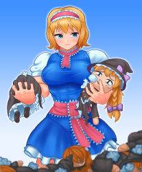 Rule 34 | 1girl, alice margatroid, blonde hair, blue background, blue dress, blue eyes, blurry, blurry foreground, blush, breasts, character doll, closed mouth, commentary request, cookie (touhou), cowboy shot, crying, crying with eyes open, doll, dress, frilled hairband, frilled necktie, frilled sash, frills, frown, gradient background, hairband, highres, holding, holding doll, kirisame marisa, large breasts, medium bangs, muscular, muscular female, necktie, pink hairband, pink necktie, pink sash, rei (cookie), sad, sakuranbou (cookie), sash, shirt, short hair, sleeveless, sleeveless dress, solo, stuffing, tears, touhou, tsukuru hajime, white shirt