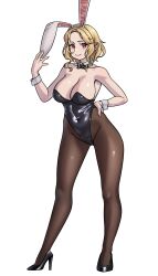 Rule 34 | 1girl, animal ears, black bow, black bowtie, black leotard, black pantyhose, blonde hair, bow, bowtie, breasts, cleavage, detached collar, full body, hand on own hip, highres, large breasts, leotard, original, pantyhose, park ppaeng i, playboy bunny, rabbit ears, rabbit tail, red eyes, short hair, simple background, solo, strapless, strapless leotard, tail, white background, wrist cuffs