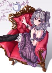 Rule 34 | 1girl, arm garter, armchair, bare shoulders, bird, black ribbon, chair, character name, collar, commentary request, dress, drill hair, feet out of frame, floral print, frilled collar, frilled dress, frilled thighhighs, frills, gradient background, hair ribbon, hand on own chest, highres, idolmaster, idolmaster cinderella girls, kanzaki ranko, lolita fashion, long hair, looking at viewer, owl, photo-referenced, purple dress, red eyes, ribbon, rose print, shashaki, silver hair, simple background, sitting, sleeveless, sleeveless dress, smile, snowy owl, solo, thighhighs, twin drills, twintails