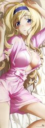 Rule 34 | 10s, 1girl, absurdres, blonde hair, blue eyes, blush, breasts, cecilia alcott, cleavage, close-up, copyright name, cowboy shot, from above, headband, highres, infinite stratos, japanese clothes, kimono, knee up, large breasts, long hair, looking at viewer, lying, no bra, on back, parted lips, yukata