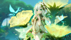 Rule 34 | absurdres, bloomers, blurry, blurry background, bracelet, bug, butterfly, child, cowboy shot, cross-shaped pupils, crystalfly (genshin impact), dress, flower, genshin impact, gold trim, gradient hair, green eyes, green hair, hair ornament, highres, honghu, insect, interlocked fingers, jewelry, landscape, leaf hair ornament, long hair, looking at viewer, multicolored hair, nahida (genshin impact), open mouth, outdoors, pointy ears, ponytail, scenery, sleeveless, sleeveless dress, symbol-shaped pupils, tree, underwear, white bloomers, white dress, white hair