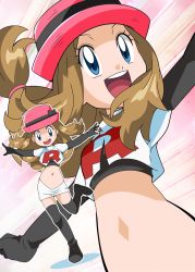 Rule 34 | 1girl, black thighhighs, blue eyes, breasts, brown hair, commentary, cosplay, creatures (company), elbow gloves, game freak, gloves, hainchu, hat, jessie (pokemon), jessie (pokemon) (cosplay), long hair, midriff, multiple views, navel, nintendo, open mouth, pokemon, pokemon xy, serena (pokemon), simple background, skirt, smile, team rocket, team rocket uniform, thighhighs, white background
