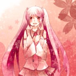 Rule 34 | 1girl, alternate color, blush, cherry blossoms, hands on own chest, hatsune miku, kseren, long hair, name connection, object namesake, pink eyes, pink hair, pink theme, sakura miku, skirt, solo, twintails, vocaloid