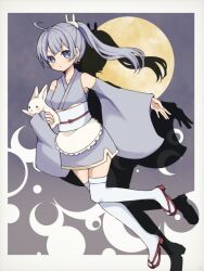 Rule 34 | 1girl, ahoge, animal, blush, crescent, crescent earrings, detached sleeves, drop shadow, earrings, full body, full moon, geta, grey eyes, grey hair, hair ornament, highres, holding, holding animal, japanese clothes, jewelry, kimono, long hair, long sleeves, looking at viewer, moon, obi, original, outstretched arm, ponytail, rabbit, rabbit hair ornament, rageno0000, sash, short kimono, sleeveless, sleeveless kimono, solo, tabi, thighhighs, v-shaped eyebrows, wide sleeves