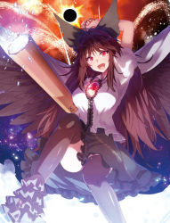Rule 34 | 1girl, :d, arm cannon, arm up, bird wings, black hair, black thighhighs, black wings, blush, bow, breasts, cape, commentary request, danmaku, dress shirt, hair bow, ibuki notsu, large breasts, long hair, looking at viewer, open mouth, puffy short sleeves, puffy sleeves, red eyes, reiuji utsuho, shirt, short sleeves, smile, solo, thighhighs, third eye, touhou, weapon, white shirt, wings