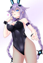 Rule 34 | 1girl, ;d, animal ears, bare shoulders, black leotard, blowing kiss, blue eyes, blush, braid, breasts, cleavage, covered navel, cowboy shot, cuffs, detached collar, fake animal ears, fishnet pantyhose, fishnets, hair between eyes, hair ornament, handcuffs, heart, highres, leotard, long hair, looking at viewer, medium breasts, neptune (series), one eye closed, open mouth, pantyhose, playboy bunny, power symbol, power symbol-shaped pupils, purple hair, purple heart (neptunia), rabbit ears, seshiro (which501), skin tight, smile, solo, spoken heart, symbol-shaped pupils, twin braids, twintails, very long hair