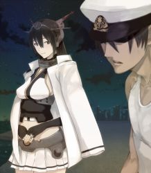 Rule 34 | 10s, 1boy, 1girl, admiral (kancolle), bad id, bad pixiv id, black hair, borrowed clothes, brown eyes, hat, headgear, jacket, jacket on shoulders, jewelry, kantai collection, light smile, midriff, nagato (kancolle), night, night sky, ogros, peaked cap, pregnant, ring, skirt, sky, wedding band
