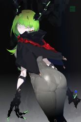 Rule 34 | 1girl, ass, bad id, bad pixiv id, black horns, black rock shooter, black rock shooter: dawn fall, bodysuit, claw (weapon), closed mouth, dead master, earrings, green eyes, green hair, grey bodysuit, half-closed eyes, highres, horns, jewelry, long hair, looking back, rai (97417), sketch, skull, solo, star (symbol), tight clothes, weapon