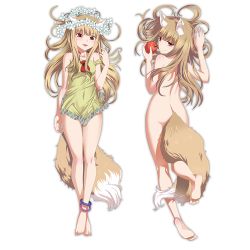 Rule 34 | 1girl, animal ears, anklet, apple, barefoot, breasts, dakimakura (medium), flower wreath, food, fruit, full body, holding, holo, jewelry, koume keito, looking at viewer, lying, multiple views, nude, on back, on stomach, open mouth, red eyes, simple background, small breasts, smile, spice and wolf, strap slip, tail, twisted neck, white background, wolf ears, wolf tail