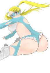 Rule 34 | 1girl, artist request, ass, bare shoulders, blonde hair, blue eyes, breasts, hip attack, leotard, long hair, looking back, mask, rainbow mika, simple background, solo, street fighter, street fighter v, thong, thong leotard, twintails