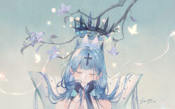Rule 34 | 1girl, 2023, artist name, asymmetrical gloves, azur lane, bare shoulders, black gloves, blue hair, branch, bug, butterfly, champagne (azur lane), closed eyes, commentary, cross hair ornament, elbow gloves, english commentary, floating crown, gloves, hair ornament, half gloves, highres, insect, kongxin dian, long hair, solo, upper body, very long hair