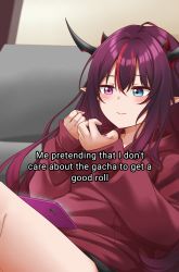 Rule 34 | 1girl, absurdres, black shorts, blush, cellphone, couch, english text, hair behind ear, heterochromia, highres, hololive, hololive english, hood, hoodie, horns, irys (hololive), jan azure, meme, multicolored hair, multiple horns, nail polish, phone, pointy ears, purple hair, purple nails, red hair, red hoodie, shorts, sitting, smartphone, solo, streaked hair, virtual youtuber