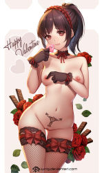 Rule 34 | 1girl, :3, artist name, bad id, bad pixiv id, black choker, black gloves, bow, breasts, censored, chocolate, choker, collarbone, condom, condom wrapper, covering nipples, covering privates, female pubic hair, fishnet thighhighs, fishnets, flower, frilled hairband, frills, gloves, gluteal fold, groin, hairband, happy valentine, heart, highres, holding, holding condom, jurrig, leaf, mosaic censoring, navel, neck ribbon, nipples, nude, original, pink lips, ponytail, pubic hair, pubic tattoo, pussy, red bow, red flower, red hairband, red ribbon, red rose, ribbon, rose, sabotaged condom, safety pin, short hair, short ponytail, sidelocks, skindentation, small breasts, solo, stomach, tattoo, thigh gap, thighhighs, watermark, web address