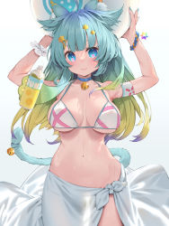 Rule 34 | 1girl, animal ears, aqua hair, aqua nails, arms up, ball, bikini, blonde hair, blue background, blue hair, blunt bangs, bottle, breasts, cat ears, cat tail, closed mouth, gradient background, gradient hair, highres, holding, holding ball, indie virtual youtuber, lanmewko, large breasts, long hair, looking at viewer, multicolored hair, nail polish, navel, solo, sweat, swimsuit, tail, virtual youtuber, waterring