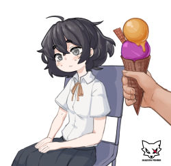 Rule 34 | 1girl, 1other, ahoge, artist logo, artist name, bag, black hair, blind, blind girl (popopoka), blush, borrowed character, chair, child, closed mouth, commentary, crossed bangs, english commentary, food, freckles, grey eyes, hands on own thighs, highres, holding, ice cream, ice cream cone, neck ribbon, orange ribbon, original, pleated skirt, ribbon, shadowfenrir, shirt, short hair, short sleeves, simple background, sitting, skirt, solo focus, white background