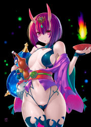 Rule 34 | 1girl, black background, bob cut, breasts, commentary request, cup, fate/grand order, fate (series), horns, looking at viewer, medium breasts, navel, nyanko batake, oni, pale skin, pink eyes, purple hair, revision, sakazuki, short hair, shuten douji (fate), skin-covered horns, solo, standing, thighhighs