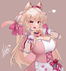 Rule 34 | 1girl, absurdres, ainya (vtuber), animal ears, apron, blonde hair, bow, breasts, brown background, cat ears, cat tail, cleavage, commentary, commentary request, dated, english commentary, fang, hair bow, hair ornament, heart, heart hands, highres, indie virtual youtuber, large breasts, long hair, looking at viewer, natch imaycz, open mouth, red eyes, short sleeves, signature, simple background, slit pupils, solo, tail, upper body, virtual youtuber, waist apron, white apron, wrist cuffs, x hair ornament