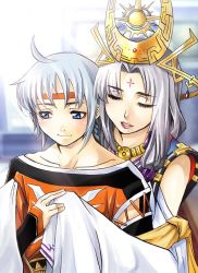 Rule 34 | 1boy, 1girl, age difference, arshtat falenas, blue eyes, crown, dress, closed eyes, facial mark, forehead mark, freyjadour falenas, gensou suikoden, gensou suikoden v, hat, headband, hug, hug from behind, ism, ism (inc), lipstick, long hair, makeup, mother and son, silver hair, smile