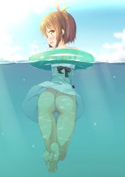 Rule 34 | 1girl, appli-chan, ass, back, barefoot, blush, brown hair, cleft of venus, day, feet, from behind, full body, g-string, hair ornament, hairclip, innertube, kazuma (kazumav), looking at viewer, looking back, open mouth, outdoors, partially submerged, partially underwater shot, partially visible vulva, short hair, side ponytail, solo, swim ring, swimming, thong, underwater, visual arts market, water, yellow eyes