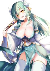 Rule 34 | 1girl, absurdres, amamitsu kousuke, aqua hair, bad id, bad twitter id, bottomless, bow, breasts, cleavage, dragon girl, dragon horns, fate/grand order, fate (series), green hair, hair between eyes, hand fan, highres, horns, japanese clothes, kimono, kiyohime (fate), large breasts, long hair, looking at viewer, obi, open mouth, sash, smile, solo, thighhighs, white thighhighs, yellow bow, yellow eyes