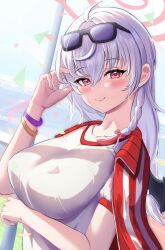 Rule 34 | 1girl, ahoge, blue archive, blue sky, blush, braid, breasts, collarbone, eyewear on head, fake wings, grass, grey hair, gym uniform, hair between eyes, halo, hand on own head, haruna (blue archive), haruna (track) (blue archive), highres, jacket, jim199909, large breasts, long hair, looking at viewer, official alternate costume, open clothes, open jacket, outdoors, pink halo, red eyes, red jacket, shirt, short sleeves, sidelocks, single braid, single wing, sky, smile, stadium, sunglasses, track jacket, upper body, white shirt, wings