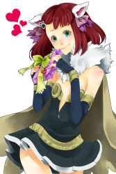 Rule 34 | 1girl, alchemist (ragnarok online), animal ears, black dress, blue gloves, blush, body blush, bow, cat ears, closed mouth, commentary request, cowboy shot, dress, elbow gloves, fingerless gloves, gift, gloves, green eyes, hair bow, heart, highres, holding, holding gift, looking at viewer, medium hair, paw hair ornament, purple bow, ragnarok online, red eyes, simple background, smile, solo, strapless, strapless dress, white background, yutsuki